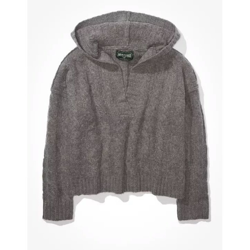 American‎ Eagle Hooded Sweater Womens Medium Gray Cable Knit V-Neck Relaxed Fit